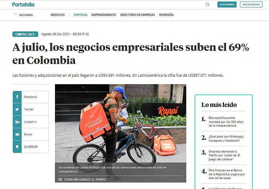 A julio, los negocios empresariales suben el 69% en Colombia